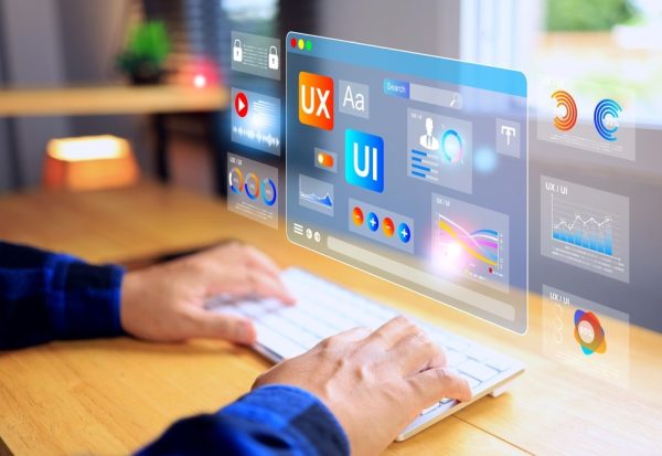 Screen displaying UX design concept representing user experience and design thinking